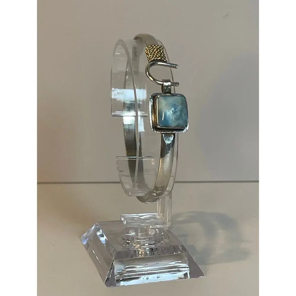 925 Sterling Silver Larimar Bracelet 14K Gold Rope Accent Cuff - Picture 2 of 11